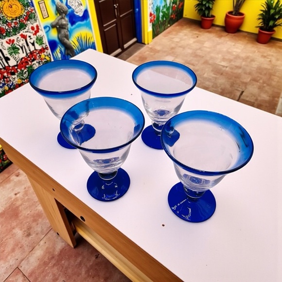 Other - Vintage Mexican Hand Blown Cobalt Blue Rim/Bottom Wine Glasses Goblets Set of 4